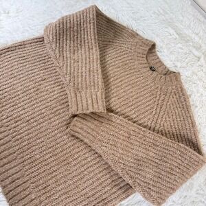 UNIQLO Women's XL Beige Wool Blend Ribbed Knit Crew Neck Long Sleeve Sweater